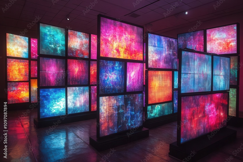 multimedia art displayed on various television screens, incorporating a mix of colors, patterns, and images to create a dynamic representation of modern media consumption multimedia art displayed on various television screens, incorporating a mix of colors, patterns, and images to create a dynamic representation of modern media consumption