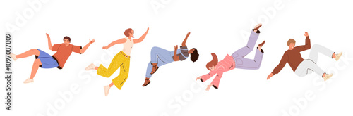 Flying people. Movement in air, falling young characters in different poses, hovering and soaring, happy guys and girls, vector cartoon flat set