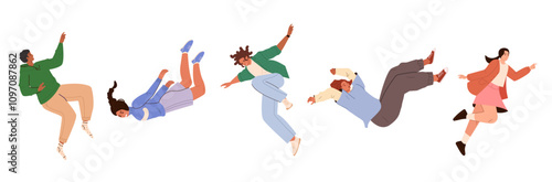 Flying people. Movement in air, falling young characters in different poses, hovering and soaring, happy guys and girls, vector cartoon flat set