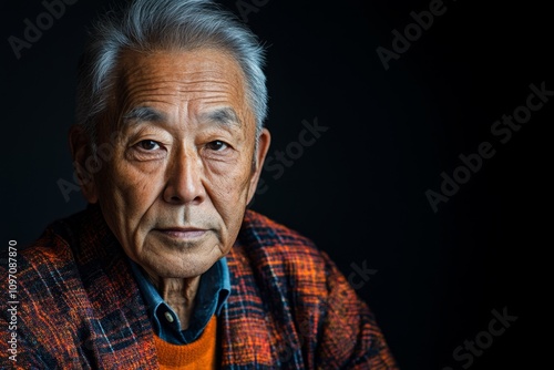 A large portrait of an elderly man with wrinkles, looking directly into the camera with an expression of wisdom and experience.