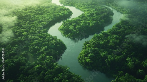 Aerial View of a Winding River Through Lush Green Rainforest