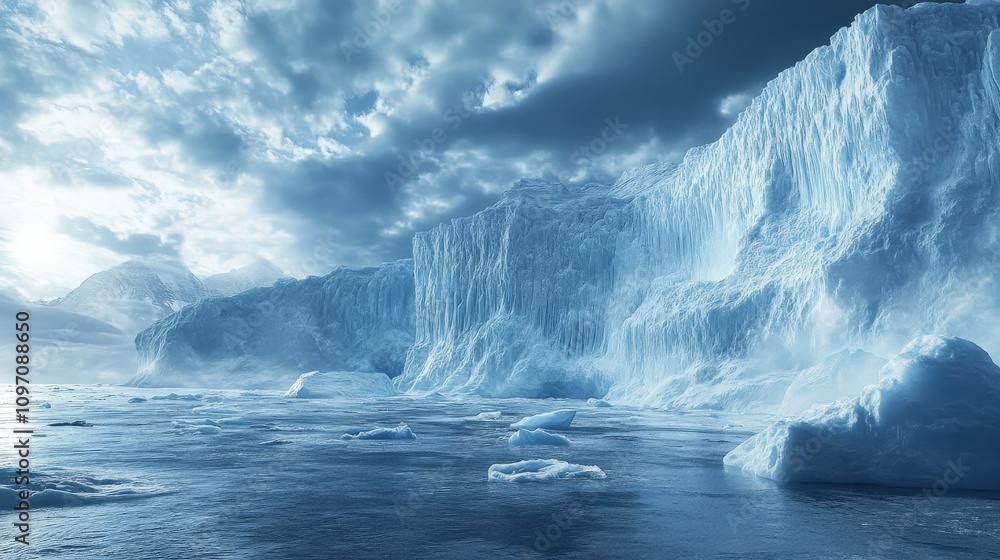 Glacial Cliffs and Icebergs in a Frozen Landscape Glacial Cliffs and Icebergs in a Frozen Landscape
