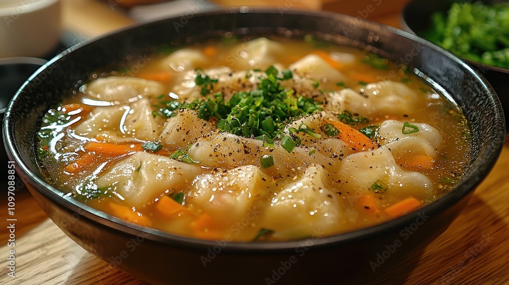 Delicious dumpling soup with fresh herbs and vegetables in a black bowl Delicious dumpling soup with fresh herbs and vegetables in a black bowl