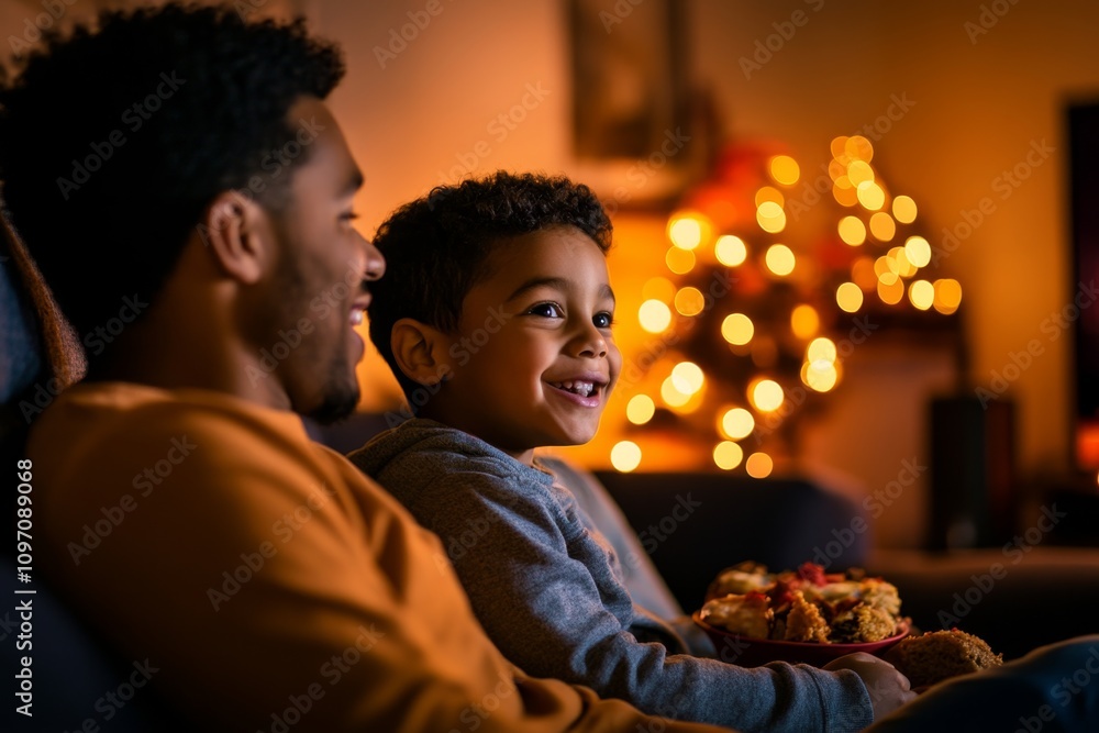 A cozy living room scene where a multicultural family watches an international film with subtitles, laughing and enjoying snacks from different cultures. A cozy living room scene where a multicultural family watches an international film with subtitles, laughing and enjoying snacks from different cultures.