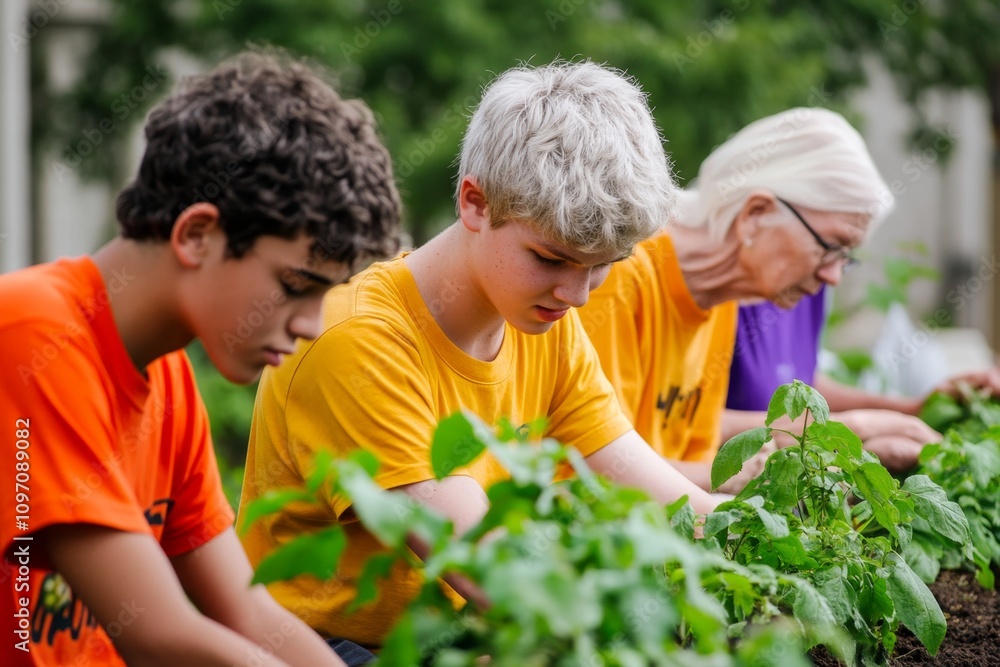 A group of diverse teenagers and seniors planting trees together in a community garden, sharing stories and bonding over shared environmental goals. A group of diverse teenagers and seniors planting trees together in a community garden, sharing stories and bonding over shared environmental goals.