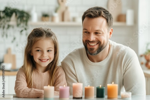 A father and daughter duo in a bright kitchen, enthusiastically making homemade candles with various molds, essential oils, and colorful wax