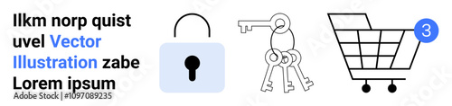 Lock symbol, keychain with keys, and shopping cart with three items in it. Ideal for e-commerce, online security, shopping apps, cybersecurity, retail, website icons, digital marketing. Landing page