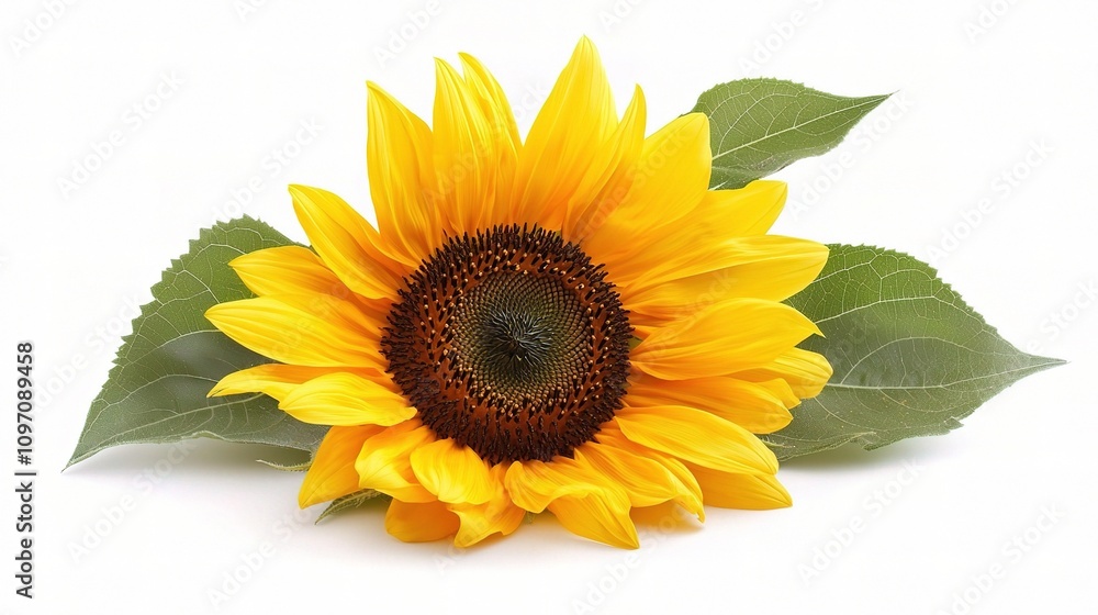 Obraz premium Bright Yellow Sunflower Isolated on White Background with Leaves