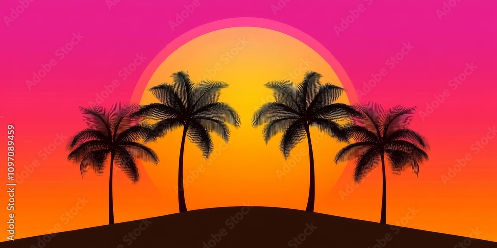 Fototapeta premium Tropical sunset with silhouetted palm trees and an orange-pink gradient