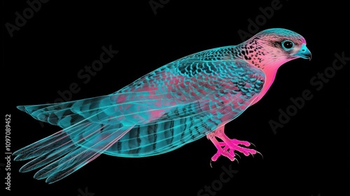 A stylized, colorful illustration of a bird with neon hues against a black background. photo