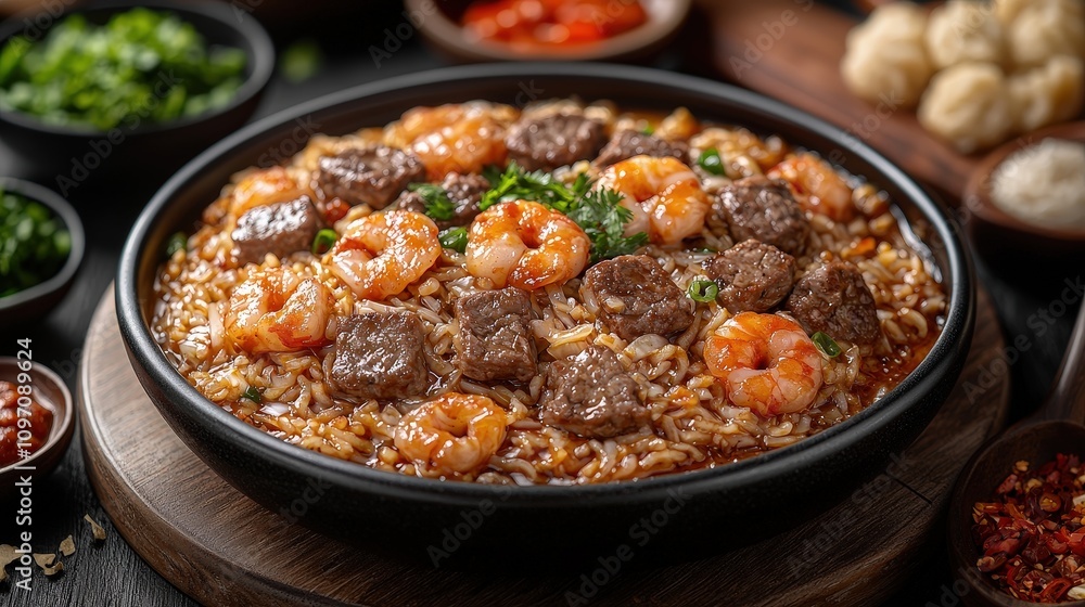 Delicious shrimp and beef rice bowl with fresh herbs and spices Delicious shrimp and beef rice bowl with fresh herbs and spices