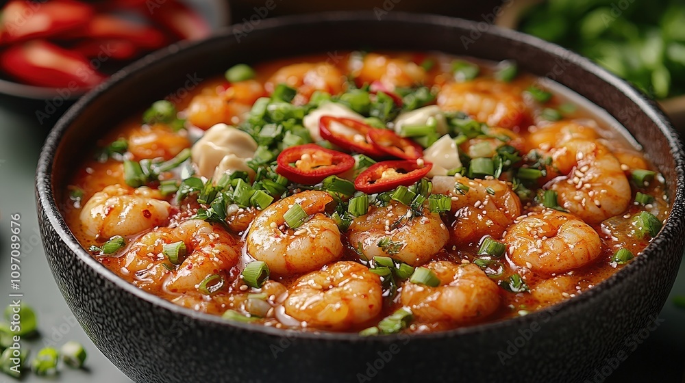 Spicy shrimp in rich sauce garnished with red chili and fresh herbs in black bowl Spicy shrimp in rich sauce garnished with red chili and fresh herbs in black bowl