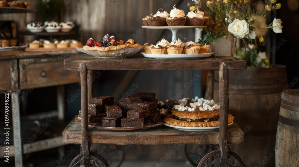 A rustic wooden cart displays an assortment of delicious pastries, including mini cakes, pies, and brownies. The warm lighting and neutral color palette create a cozy and inviting atmosphere. A rustic wooden cart displays an assortment of delicious pastries, including mini cakes, pies, and brownies. The warm lighting and neutral color palette create a cozy and inviting atmosphere.