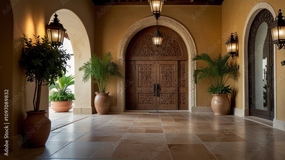 Fototapeta premium Elegant entryway with ornate wooden doors, arched doorways, potted plants, and terracotta floor.