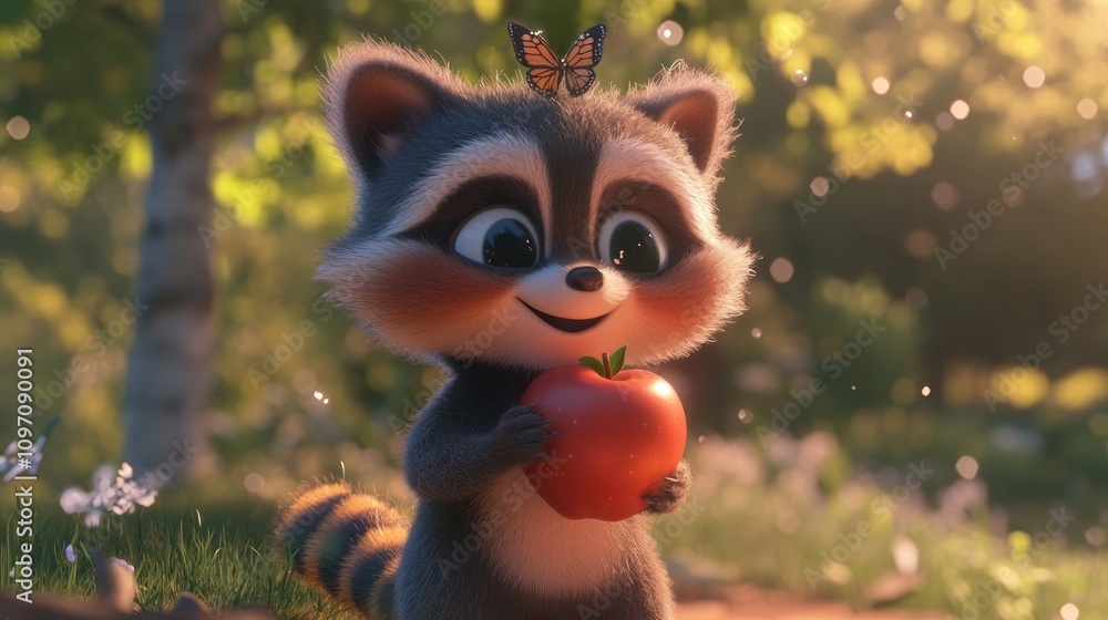 A cute raccoon holds a red apple, with a butterfly perched on its head in a sunny setting. A cute raccoon holds a red apple, with a butterfly perched on its head in a sunny setting.