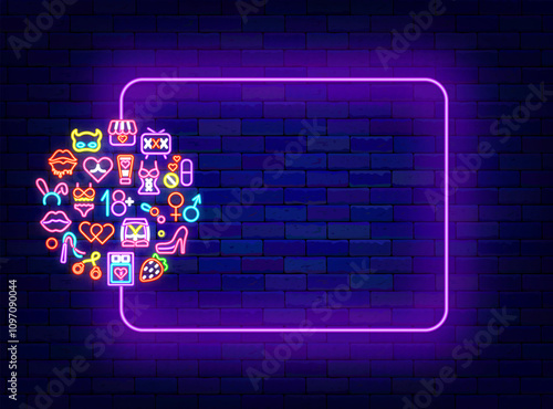 Sex shop neon banner. Intimate retail. Adult toys. Empty purple frame and circle layout. Vector stock illustration