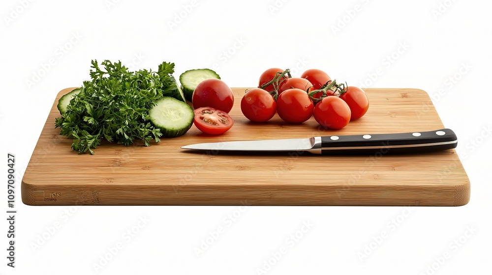 Fresh Ingredients on Chopping Board with Knife and Vegetables Fresh Ingredients on Chopping Board with Knife and Vegetables