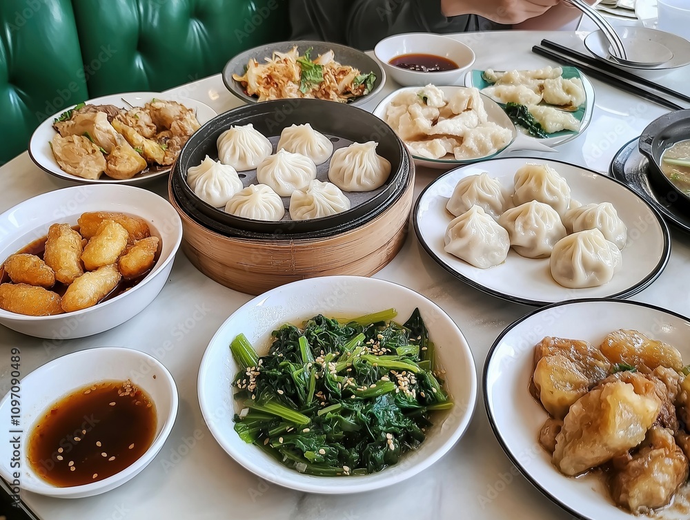 Delicious dumplings and dishes restaurant food cozy atmosphere top view culinary adventure Delicious dumplings and dishes restaurant food cozy atmosphere top view culinary adventure