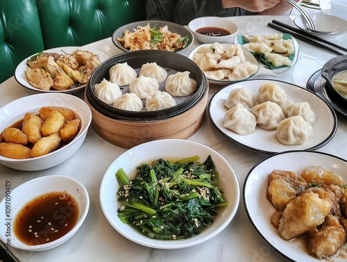 Delicious dumplings and dishes restaurant food cozy atmosphere top view culinary adventure