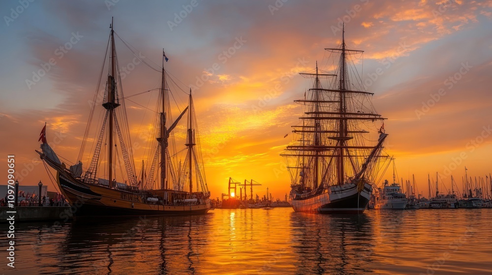 Two sailboats docked at sunset with the sun reflecting on the water. Two sailboats docked at sunset with the sun reflecting on the water.