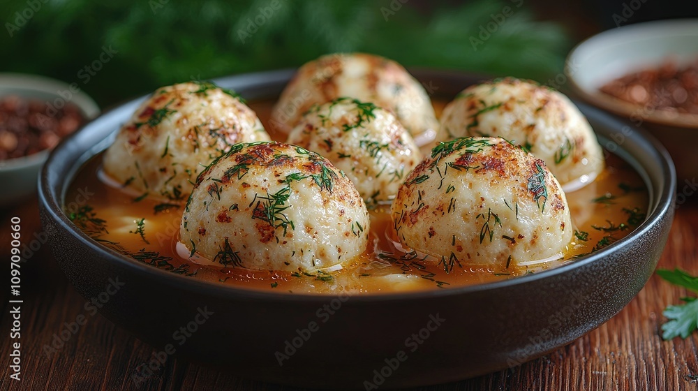 Delicious herb-dusted dumplings in savory broth with fresh dill Delicious herb-dusted dumplings in savory broth with fresh dill