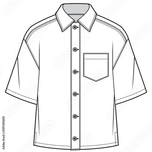 mens short sleeve drop shoulder denim shirt flat sketch vector illustration technical cad drawing template