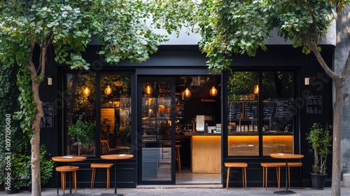 Fototapeta Naklejka Na Ścianę i Meble -  Modern Cafe with Outdoor Seating and Large Windows