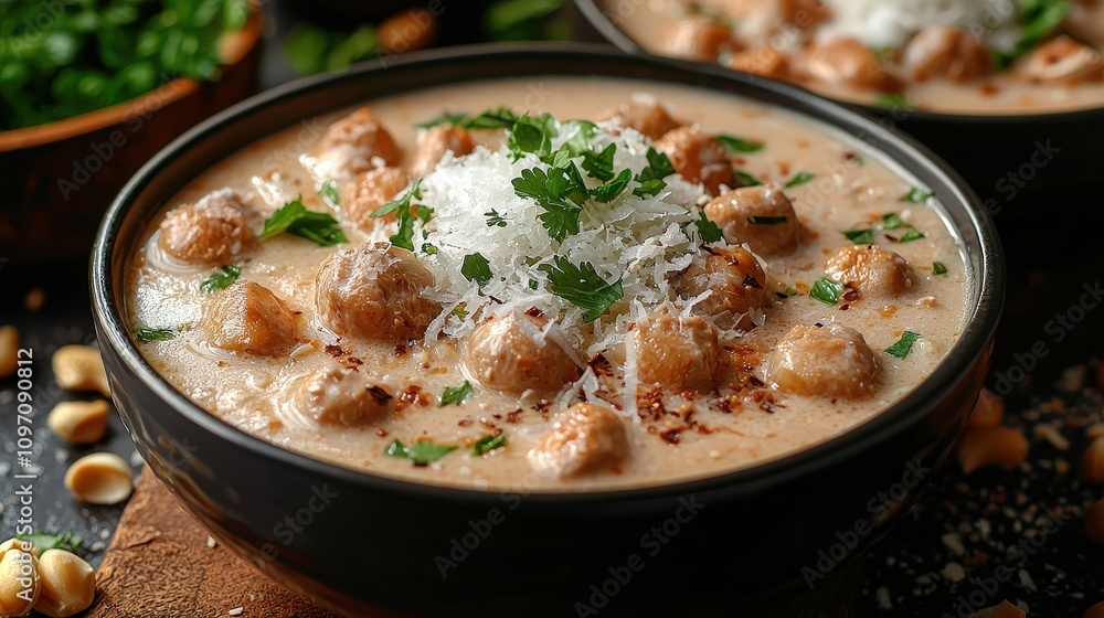 Creamy parmesan gnocchi soup with fresh parsley and cheese garnish Creamy parmesan gnocchi soup with fresh parsley and cheese garnish