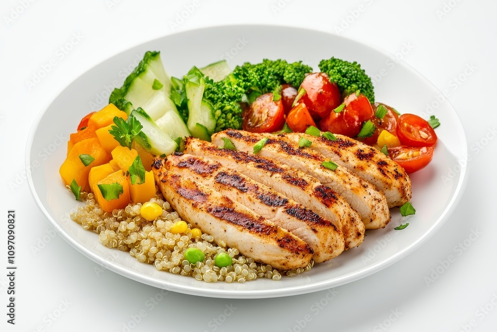 Plate with grilled chicken breast, quinoa, broccoli, cherry tomatoes, yellow bell peppers, and leafy greens Plate with grilled chicken breast, quinoa, broccoli, cherry tomatoes, yellow bell peppers, and leafy greens