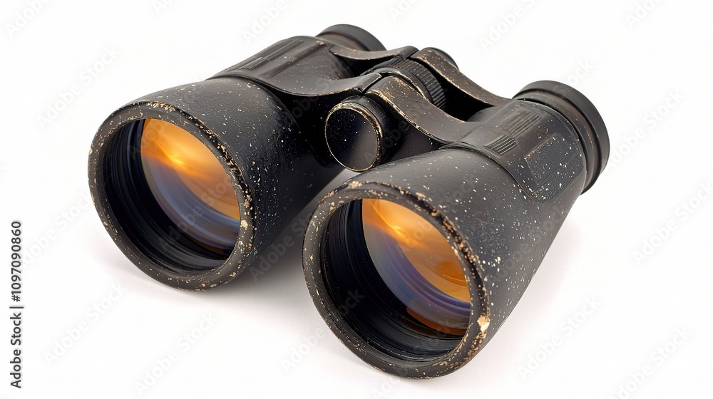 Close-Up of Black Binoculars Against a Bright Blue Sky Background Close-Up of Black Binoculars Against a Bright Blue Sky Background