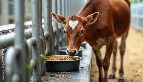 Brown calf eats food from automated feeding station. Young cow enjoys meal. Modern agriculture tech ensures proper nutrition. Robotic system monitors calf health. Digital app controls feeding. photo