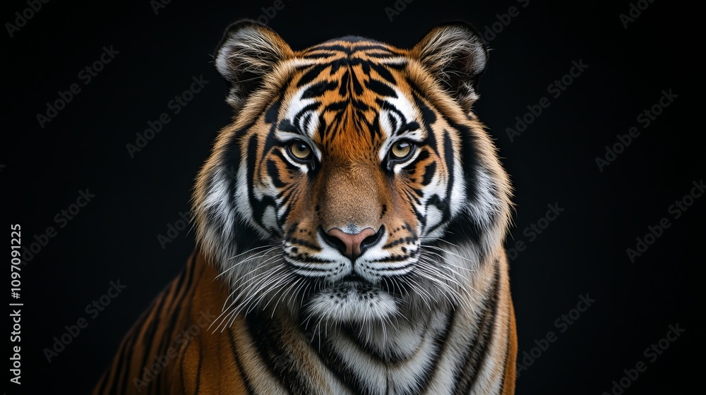 Fototapeta premium A majestic tiger stands out against a somber black backdrop, its piercing gaze capturing the viewer's attention. The tiger's vibrant coat, striped with bold black and orange