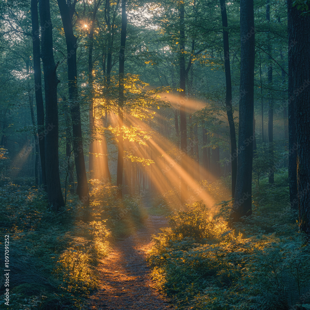 Obraz premium Sunbeams in a Misty Forest