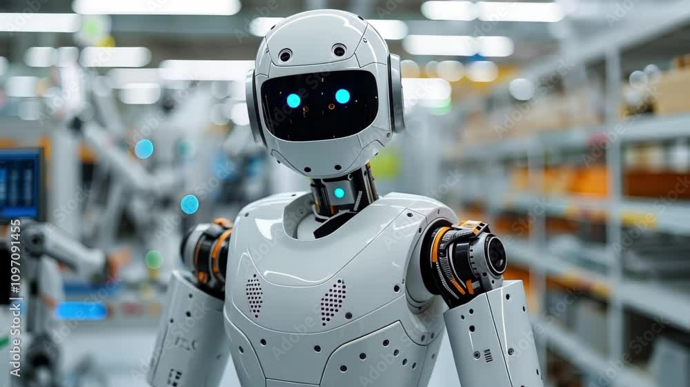 A humanoid robot in a factory setting, surrounded by machinery and other robotic devices in a modern industrial environment. A humanoid robot in a factory setting, surrounded by machinery and other robotic devices in a modern industrial environment.