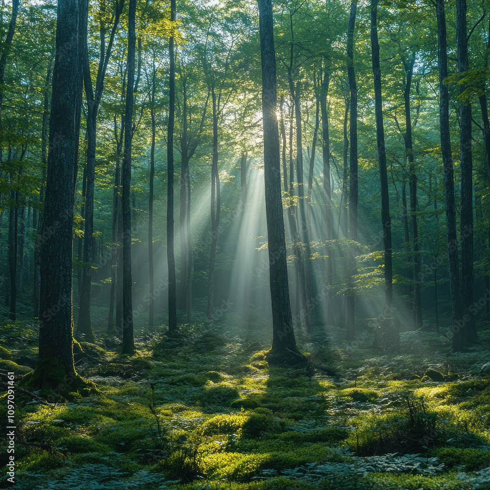 Fototapeta premium Sunbeams in the Mystical Forest