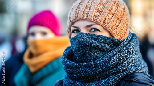 Winter warmth woman wearing knitted hat and scarf face covered in cold weather outdoor city, winter portrait beauty casual style