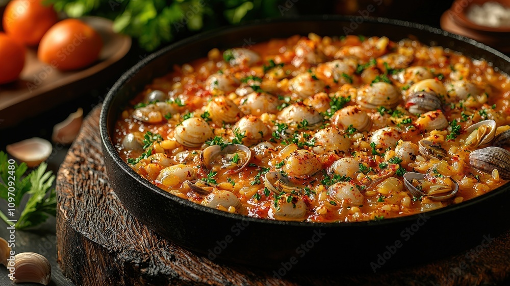 Rustic skillet dish with clams, succulent onions, and aromatic herbs Rustic skillet dish with clams, succulent onions, and aromatic herbs