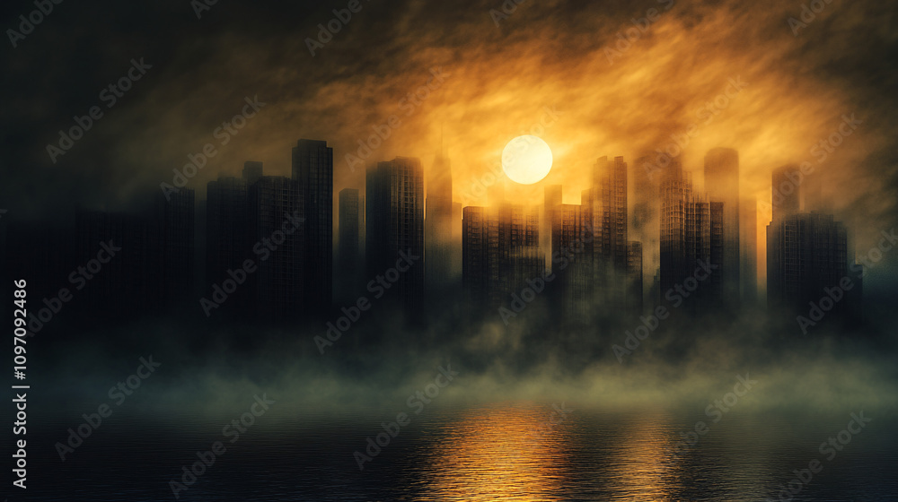 The urban skyline is shrouded in thick fog at sunset, creating a striking and enigmatic cityscape The urban skyline is shrouded in thick fog at sunset, creating a striking and enigmatic cityscape