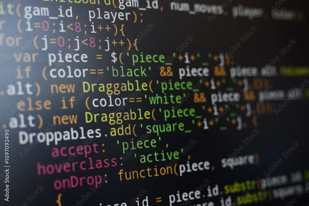 Colorful and complex JavaScript code displayed on a computer screen, highlighting various syntax elements. Focus on programming details and coding structure Colorful and complex JavaScript code displayed on a computer screen, highlighting various syntax elements. Focus on programming details and coding structure