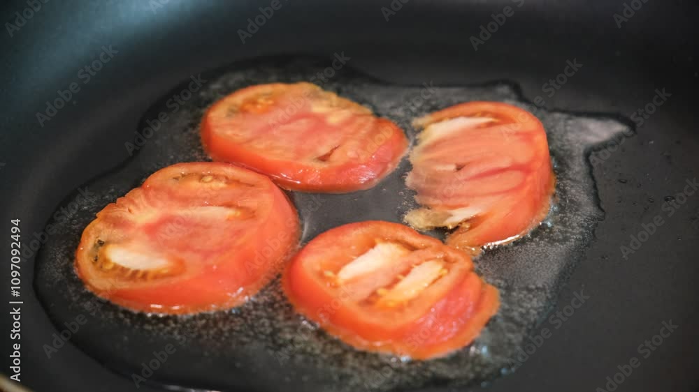 Cooking pan with oil and slices of tomatoes, preparing healthy breakfast of shakshuka Cooking pan with oil and slices of tomatoes, preparing healthy breakfast of shakshuka