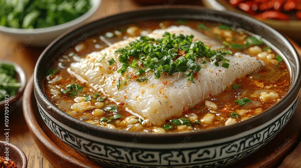 Flavorful chinese steamed fish with spicy broth and fresh herbs in a traditional bowl Flavorful chinese steamed fish with spicy broth and fresh herbs in a traditional bowl