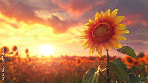 Sunflower standing tall in a field during a vibrant sunset, creating a picturesque landscape