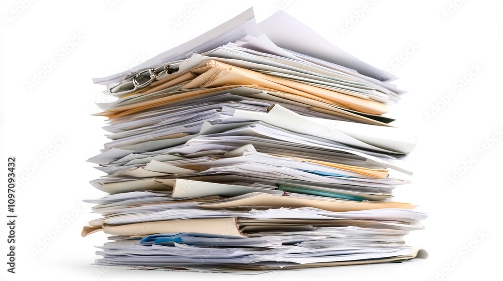 A stack of documents is isolated on a white background. This pile of documents is tall and neat, and it is clear that the documents have been carefully organized. The documents are all white, A stack of documents is isolated on a white background. This pile of documents is tall and neat, and it is clear that the documents have been carefully organized. The documents are all white,