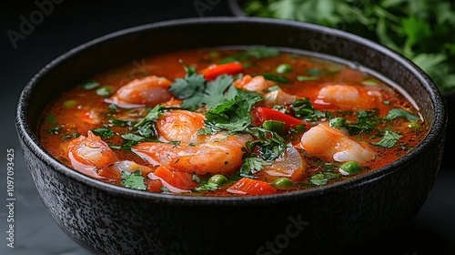 Delicious spicy thai shrimp soup with fresh herbs and vegetables in ceramic bowl