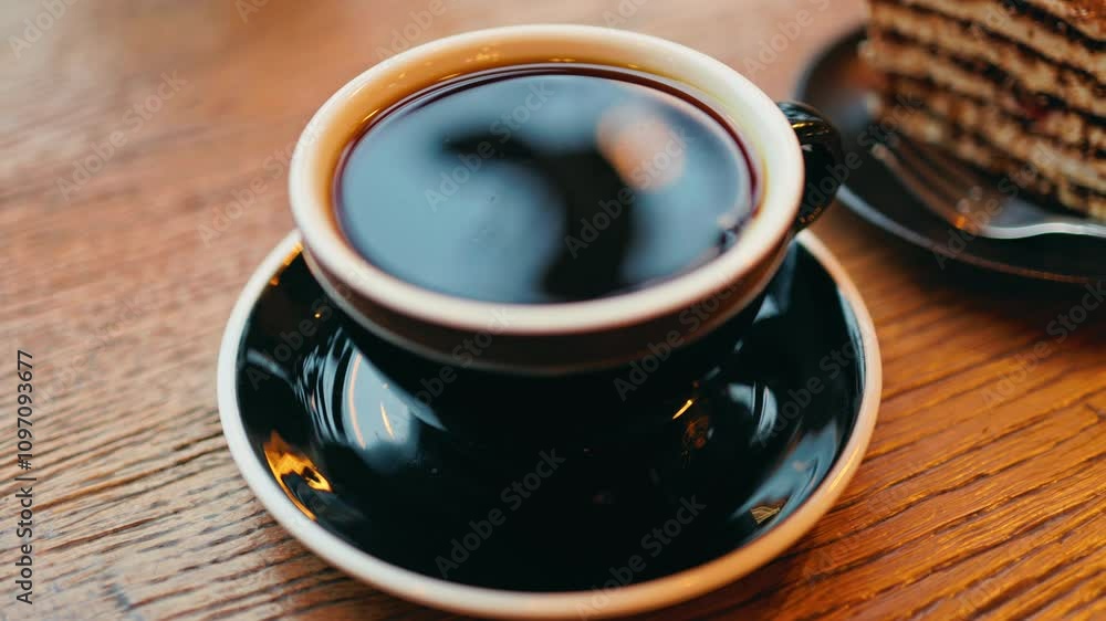 A CloseUp View of a Freshly Brewed Cup of Coffee in a Stylish Black Cup Resting on a Charming Wooden Table A CloseUp View of a Freshly Brewed Cup of Coffee in a Stylish Black Cup Resting on a Charming Wooden Table