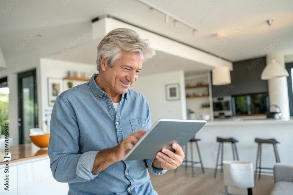 A man with gray hair enjoys browsing on a tablet while seated in a contemporary kitchen. The stylish space showcases bright light and modern furnishings, conveying a relaxed atmosphere during the day. A man with gray hair enjoys browsing on a tablet while seated in a contemporary kitchen. The stylish space showcases bright light and modern furnishings, conveying a relaxed atmosphere during the day.