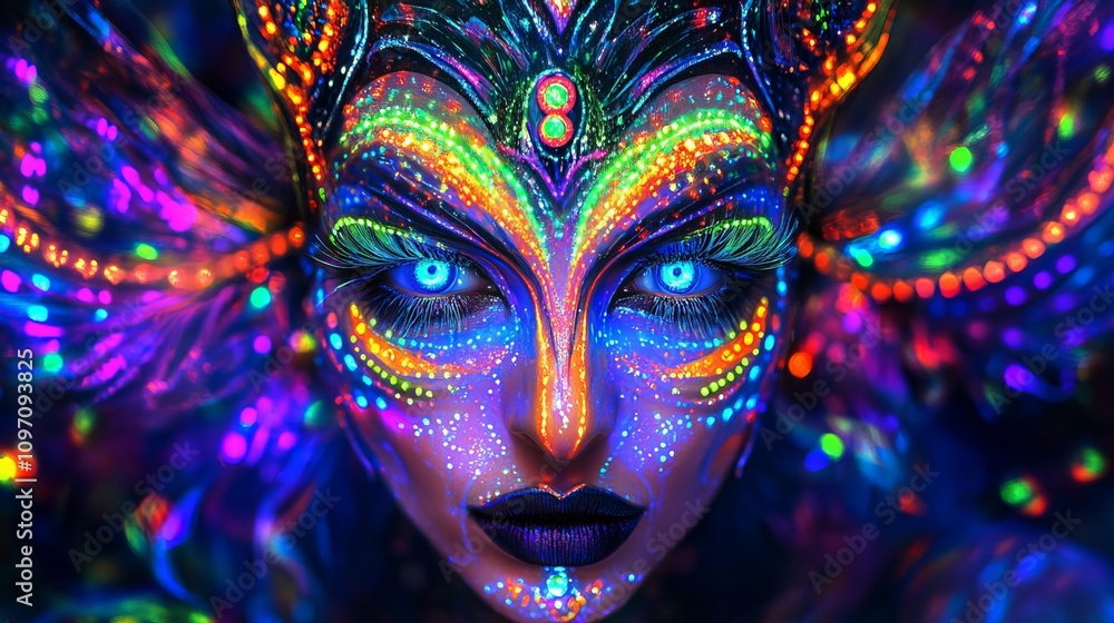 Naklejka premium A stunningly vibrant image of a female dancer enveloped in the ethereal glow of neon lights. Her captivating gaze and elaborate fluorescent makeup create a mesmerizing portrait of beauty