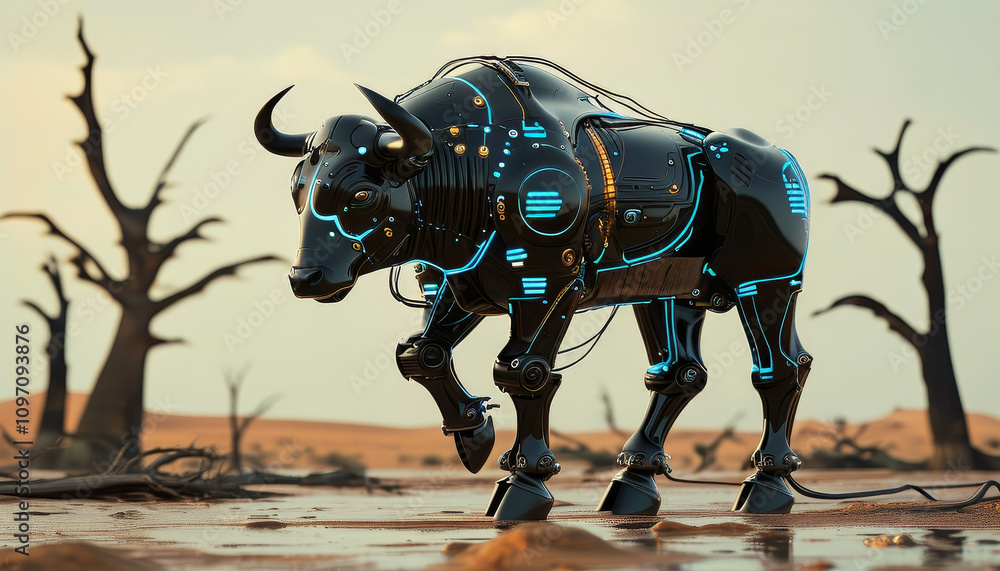 a black futuristic cyborg angry black bull walking in a desert with dead trees, cyborg black bull, cybernetic armour with wires and neon lights, majestic wildlife, cybergenic futuristic animal, techno a black futuristic cyborg angry black bull walking in a desert with dead trees, cyborg black bull, cybernetic armour with wires and neon lights, majestic wildlife, cybergenic futuristic animal, techno
