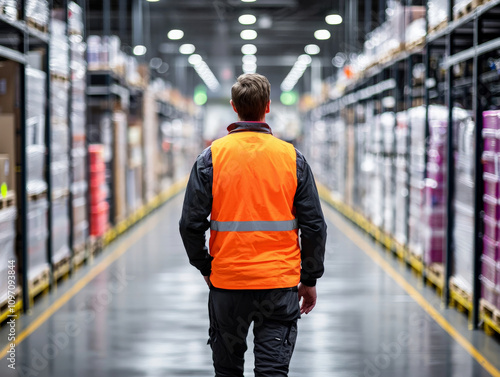 A logistician reviewing shipping schedules, walking through a busy warehouse with high-tech inventory systems photo