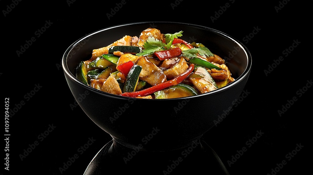 Colorful Thai Stir Fried Vegetables in Black Bowl on Dark Background Colorful Thai Stir Fried Vegetables in Black Bowl on Dark Background